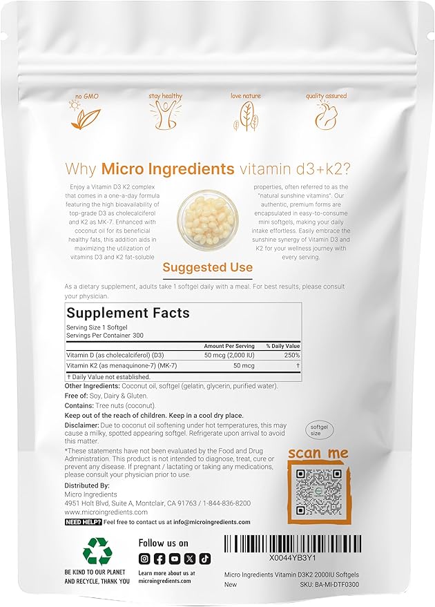Micro Ingredients Vitamin D3 2000 IU + K2 MK-7 50 mcg 300 Softgels | Virgin Coconut Oil | 2-in-1 Support | Easy to Swallow Non-GMO