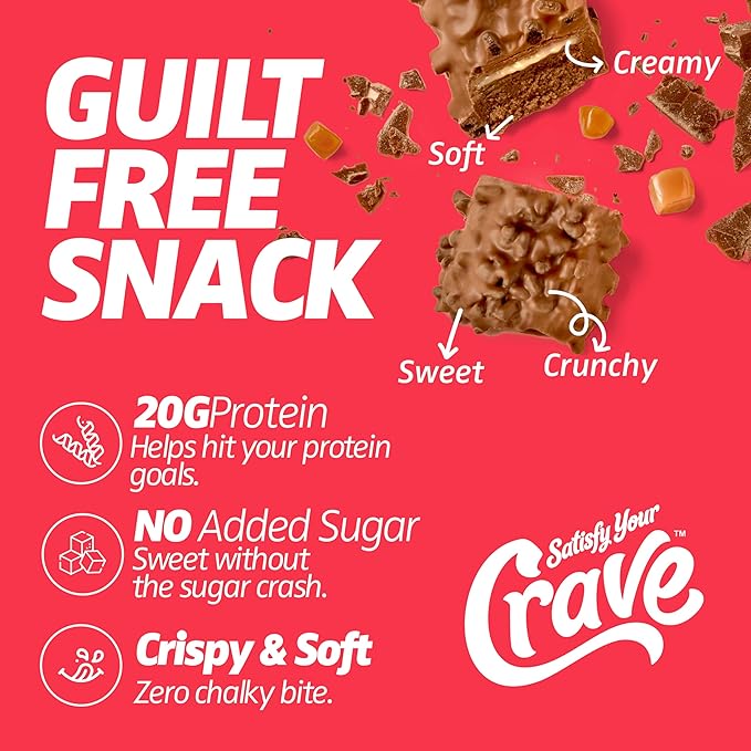 Satisfy Your Crave Protein Bars– High Protein Delicious Snacks– 20g of Protein No Added Sugar– Chocolate Caramel Crisp– Perfect for Breakfast On-the-Go Snack Pantry Staple &amp Office Treat– Non-G
