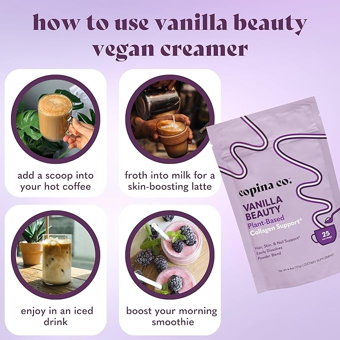 Copina Co. Vanilla Beauty Vegan Collagen Booster Creamer: Plant Based Collagen Support Smoothie Drink Vegan Creamy Blend | Vanilla Flavor | 1 Bag - 25 Servings per Bag