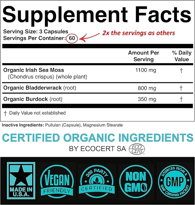 Certified Organic Sea Moss Capsules 2250mg Wildcrafted Irish Sea Moss Burdock Root Bladderwrack Supplement Raw Seamoss Pills &amp Powder (Pack of 1 at 180-Caps)