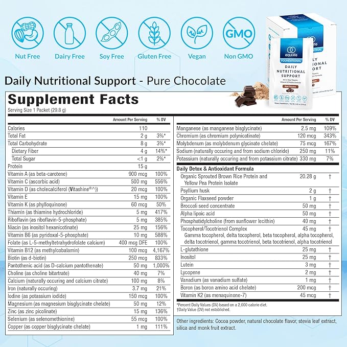 Equilife Daily Nutritional Support All-in-One Multivitamin Meal Replacement Pure Chocolate Flavor 15G Plant Protein Supports Overall Wellness Including Energy Digestion &amp Skin 14 Packets