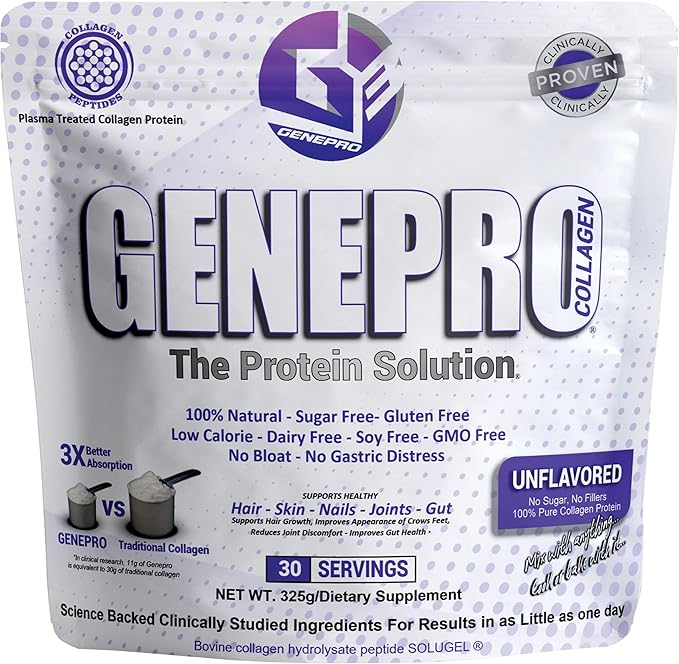 Musclegen Research Genepro Unflavored Protein Powder with Collagen Peptides - Lactose-Free Gluten-Free Protein Supplement Shake for Hair Skin and Nails (30 Servings)