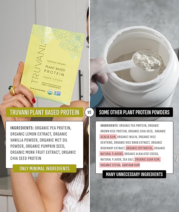 Truvani Vegan Pea Protein Powder | Lemon Cookie | 20g Organic Plant Based Protein | 20 Servings | Keto | Gluten &amp Dairy Free | Low Carb | No Added Sugar