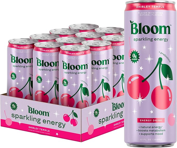 Bloom Nutrition Sparkling Energy Drink - Natural Caffeine Zero Sugar 180mg Caffeine - Antioxidant-Rich with Green Coffee Bean Green Tea Extract Prebiotics - Shirley Temple- 12oz 12 Pack