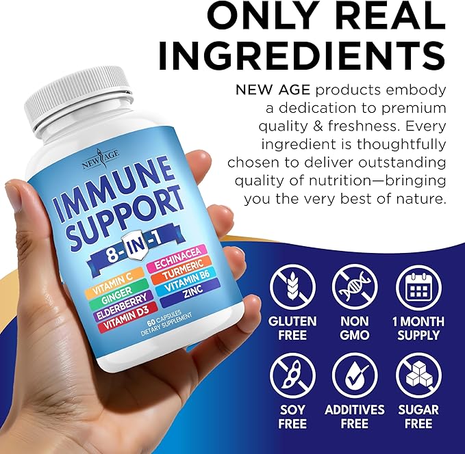 8 in 1 Immune Support Booster Supplement with Echinacea Vitamin C and Zinc 50mg Vitamin D 5000 IU Turmeric Curcumin &amp Ginger B6 Elderberry (8 in 1 Capsules (Pack of 5))