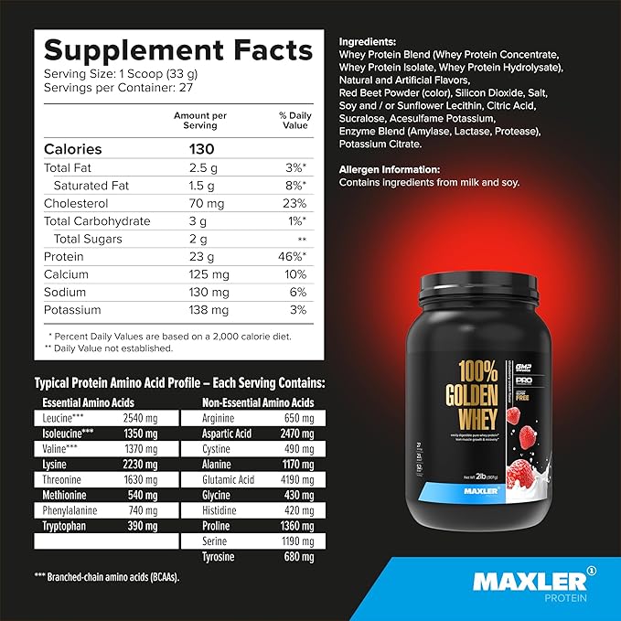Maxler 100% Golden Whey Protein - 23g of Protein per Serving - Whey Protein Powder for Pre Post Workout - Fast-Absorbing Whey Concentrate Isolate &amp Hydrolysate Blend - Strawberry Cream 2 lb