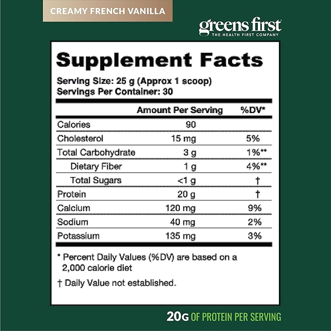 Greens First Dream Protein Powder Whey - 20g Protein Per Serving - Hormone-Free with Prebiotics - Non-GMO - No Artificial Sweeteners/MSG/Aspartame (Creamy French Vanilla 26.5 oz)