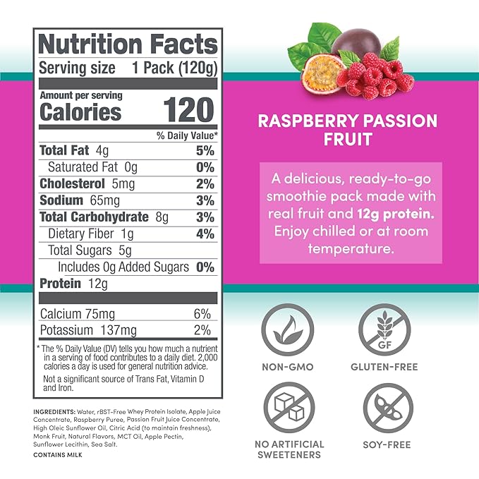 Designer Wellness Protein Smoothie Real Fruit 12g Protein Low Carb Zero Added Sugar Gluten-Free Non-GMO No Artificial Colors or Flavors Raspberry Passion Fruit 12 Count