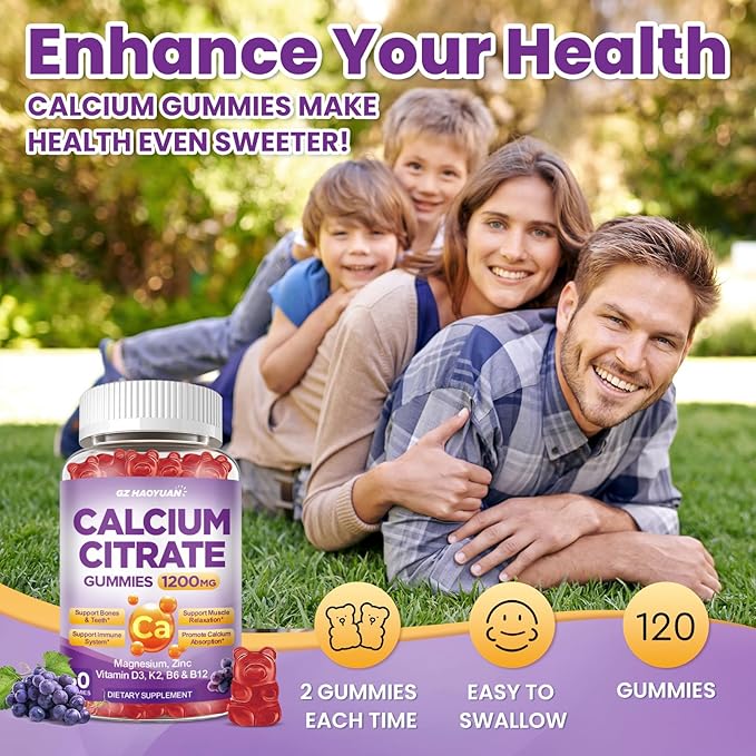 Calcium Citrate Gummies - 1200mg Calcium Gummies Supplements for Women &amp Men with Vitamin D3 K2 Magnesium Zinc High Absorption for Bone Muscle &amp Immune Support Grape Flavor 120 Count