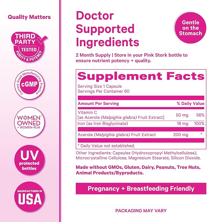 Pink Stork Iron for Women – 18 mg Non-Constipating Iron Bisglycinate + Vitamin C for Optimal Absorption – Energy Focus &amp Oxygen Supply – PMS Pregnancy Postpartum &amp Perimenopause - 60 Capsu