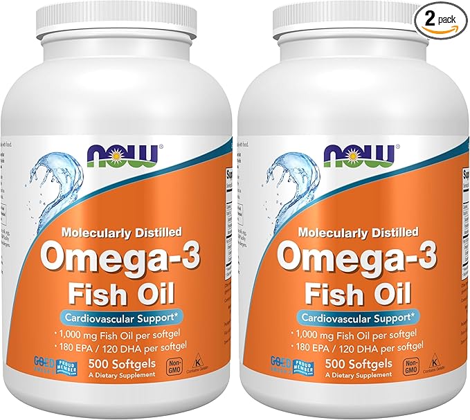 NOW Foods Supplements Omega-3 180 EPA / 120 DHA Molecularly Distilled Cardiovascular Support* 500 Softgels (Pack of 2)