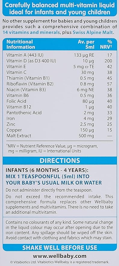 WELLBABY Vitabiotics Multi-Vitamin Liquid - Immune System Multivitamin for Infants and Babies Ages 6 Months to 4 Years - 150mL (Pack of 2)