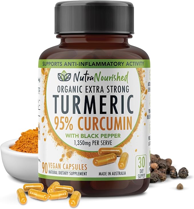 Nutra Nourished Organic Turmeric Curcumin with Black Pepper - 1350mg Standardized Tumeric 95% Curcumin| Highest Strength Curcumin Curcuma Capsules | Made in Australia (90 Capsules)