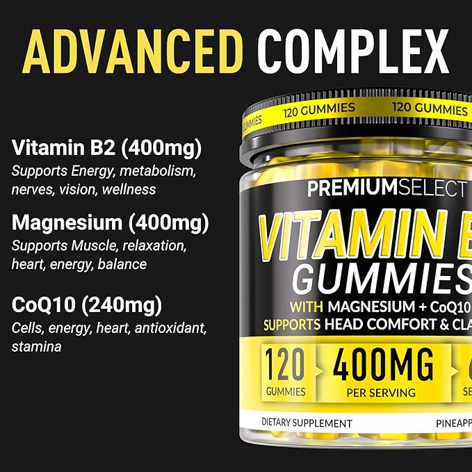Vitamin B2 Gummies Riboflavin 400mg – 120 Gummies with Magnesium CoQ10 &amp Vitamin B2 for Adults – Sugar Free B2 Vitamin 400mg for Energy Head Comfort &amp Nervous System Support