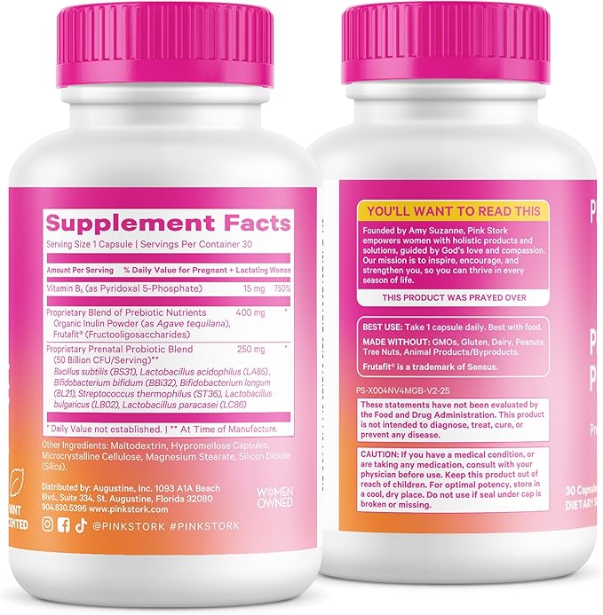 Pink Stork Prenatal Probiotic for Women | 50 Billion CFU | Vitamin B6 Prebiotics | Pregnancy Probiotics for Morning Sickness | Digestive Immune &amp Gut Health | Vegan Gluten-Free | 30 Capsules