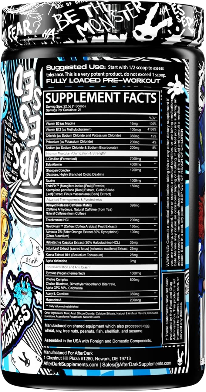 AFTERDARK INHUMAN Void Pre-Workout Powder Enhanced Mind-Muscle Connection Sustained Energy Potent Nootropic Blend Vegan Gluten-Free Soy-Free 400mg Caffeine No Crash Blue Madness