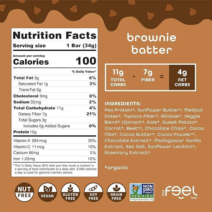 Feel Bar Minis – Kids Protein Bars | Brownie Batter – 12 Pack | 10g Plant Protein | 100 Calories | No Added Sugar | + Daily Veggies | Gluten Free No Nuts No Soy No Dairy No Grains