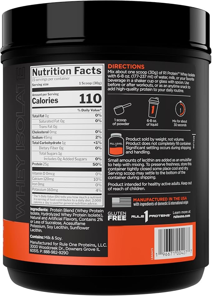 Rule 1 R1 Protein Whey Isolate - with 25g Protein &amp 6g BCAA Exclusively from Isolated &amp Hydrolyzed Sources for Workout Recovery (1 Pound* Vanilla Creme)