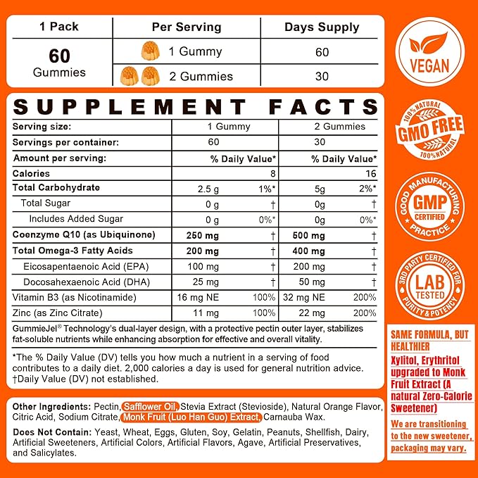 Sugar-Free CoQ10-250mg / 500mg Filled Gummies - Plus Omega-3 EPA + DHA B3 &amp Zinc - Ultra Co Q-10 Supplements for Hear-t Health Cellular Energy Antioxidant Support Up to 60 Day Supply Vegan 6