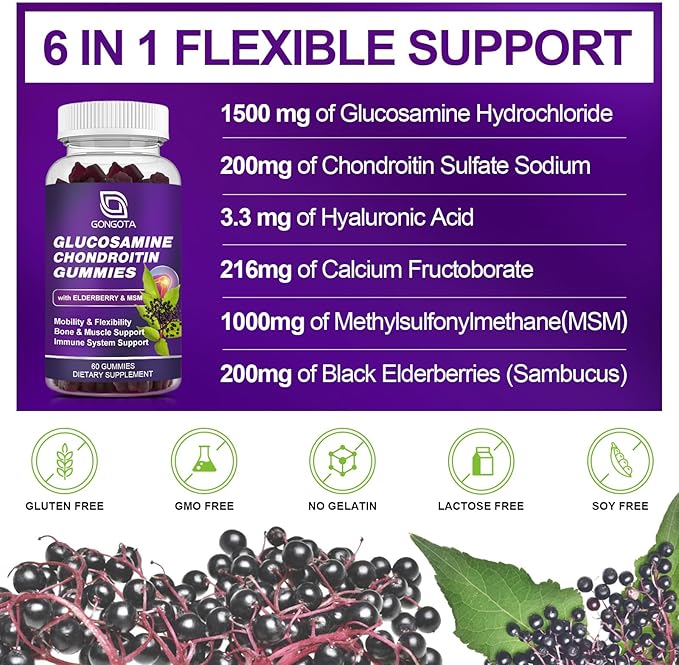 Glucosamine Chondroitin Gummies - 3- Pack Extra Strength 1500mg Glucosamine with MSM &amp Elderberry Flexibility Support Best Cartilage &amp Immune Support Supplement for Men and Wome - 180 Gummi