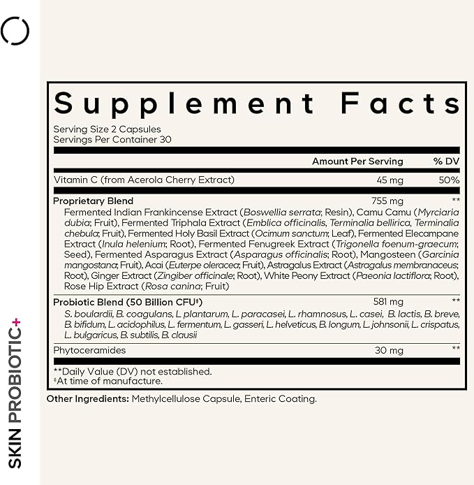 Codeage Skin Probiotics + Prebiotics - Skin Care Routine Supplement - 50 Billion CFU - Ayurvedic Botanical Herbs - Face Probiotics - Shelf Stable Cleanser Non-GMO Vegan - 60 Capsules