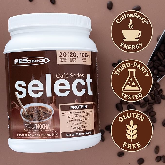 PEScience Select Cafe Protein Coffee Flavored Powder 100mg Caffeine 20g Iced Protein Coffee Powder or Creamer - Iced Mocha 20 Servings