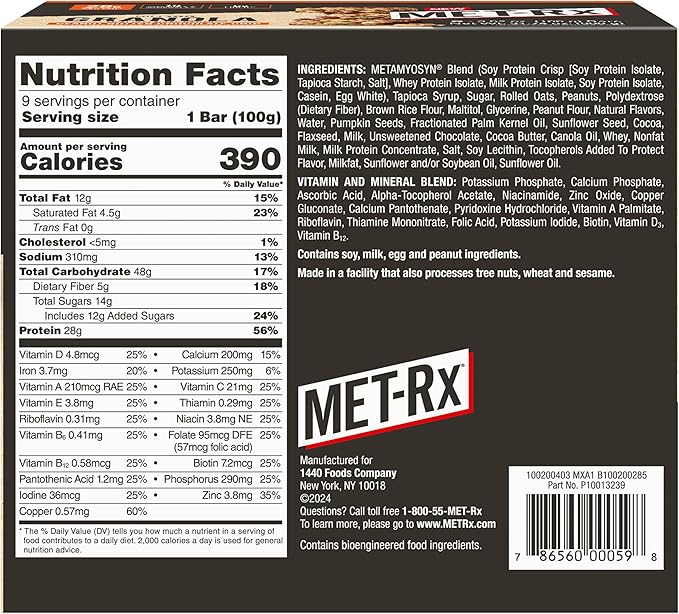 MET-Rx Big 100 Granola Protein Bar Meal Replacement Bar 32G ProteinPeanut Butter Chocolate Chip Pack of 9