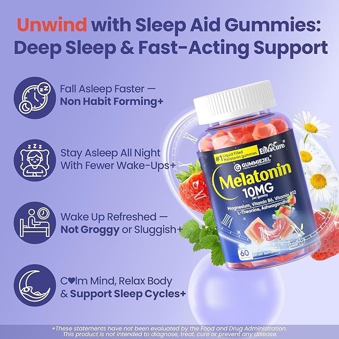 Melatonin Gummies 10mg 20mg with Magnesium for Adults | Drug Free | Sleep Aid | Sugar Free | L-Theanine Ashwagandha B6 B12 Lemon Balm &amp Chamomile Supports Deep Relaxation 60 Cts