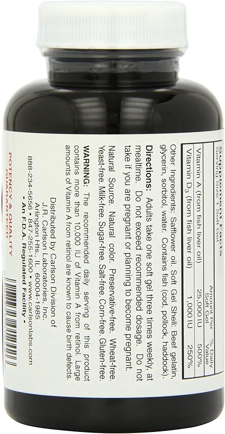 Carlson Labs Vitamin A and D 25000/1000 IU 250 Softgels