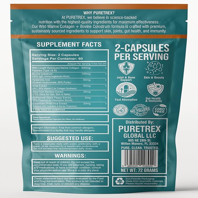 Wild Marine Collagen Peptides with Bovine Colostrum 120 Capsules Advanced Formula for Skin Joints Gut Health Immunity Support GMO-Free