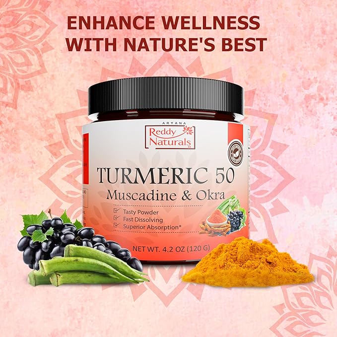 Reddy Naturals Aryana Turmeric 50 – Organic Turmeric Supplement Powder with Muscadine Grape &amp Okra – Fast-Dissolving Plant-Based Formula for Daily Wellness – 30 Servings