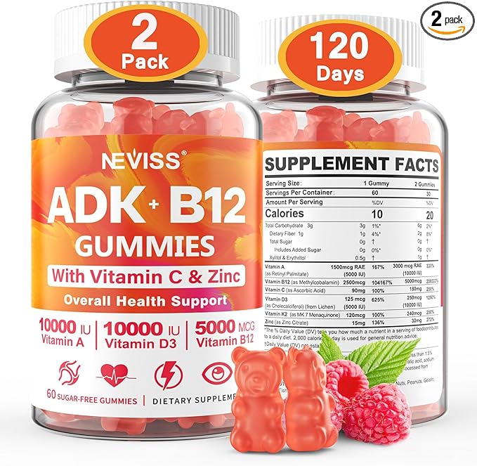 Sugar-Free ADK+Vitamin B12 Gummies - Vitamin D3 K2 10000IU/ 5000IU B12 5000mcg 2500mcg K2 (MK-7) 240mcg Multivitamin Adults-Vitamin AVegan Vitamin DMethyl B12CZinc-EyeBoneEnergyNerveImmune