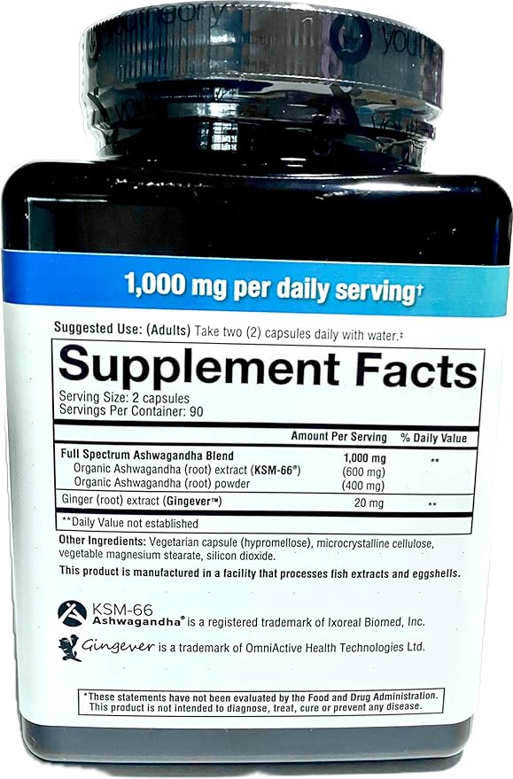 Organic KSM-66 Ashwagandha Supplement – 180 Vegetarian Capsules 1000mg per Daily Serving Supports Healthy Stress Management Response
