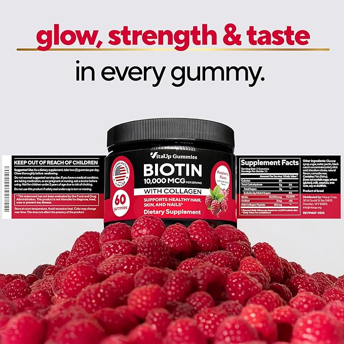 Biotin Gummies 10000mcg for Women and Men - Extra Strength Hair Skin and Nails Gummies with Collagen - Natural Biotin Gummy Supplement for Hair Skin Nails Support - 60 ct
