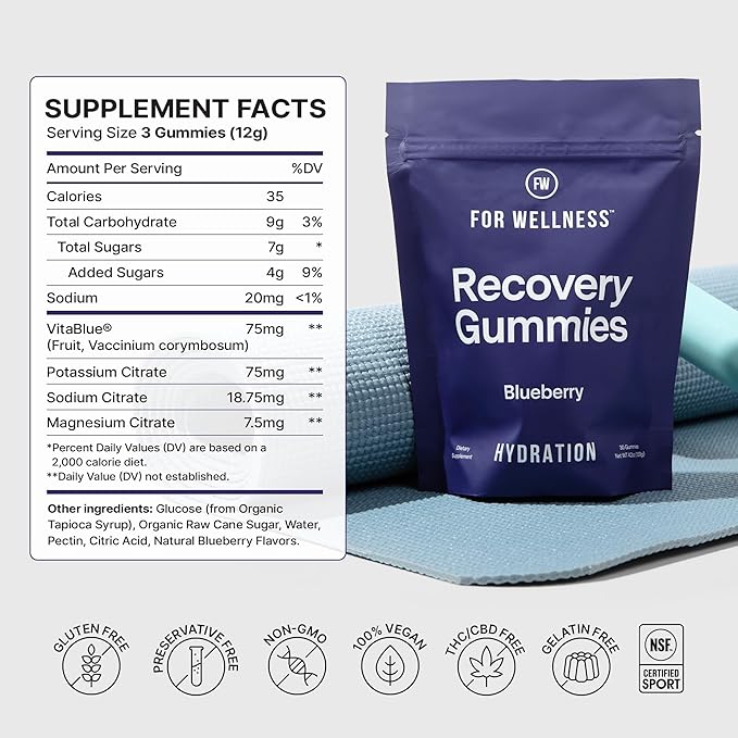 Electrolyte Recovery Gummies - Blueberry Flavor Hydration Gummies with VitaBlue - Blueberries &amp Electrolytes - Exercise Recovery Energy Boost Replenishment &amp Antioxidants Non-GMO Vegan 90c