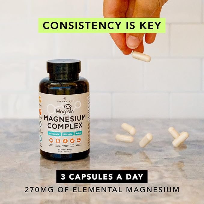 AMANDEAN Magtein Magnesium Complex. L-Threonate Glycinate Malate Triple Blend Chelated Magnesium Supplement. 90 Veggie Capsules. High Absorption Branded Ingredients. Brain Health Sleep Calm*.