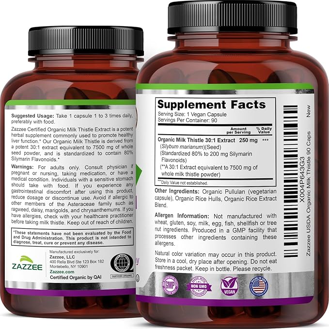 Zazzee USDA Organic Milk Thistle 30:1 Extract 80% Silymarin 90 Vegan Capsules 3 Month Supply Certified Kosher High Potency Liver &amp Antioxidant Support Silybum Marianum Non-GMO Made in the