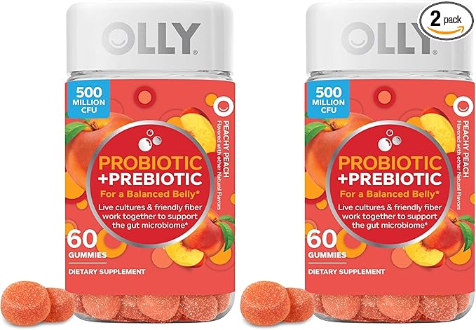 OLLY Probiotic + Prebiotic GummyDigestive Support and Gut Health500 Million CFUsFiberAdult Chewable Supplement for Men and WomenPeach60 Day Supply -60 Count (Pack of 2)