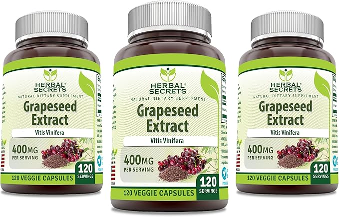 Herbal Secrets Grapeseed Extract 400 mg 120 Veggie Capsules Supplement - Non-GMO - Gluten Free - Pack of 3