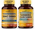 Sandhu Herbals Zinc 30 mg and Organic Turmeric Curcumin with Bioperine Black Pepper Extract | Supports Healthy Skin Immune System Joint &amp Healthy Inflammatory Support | Non-GMO Made in USA