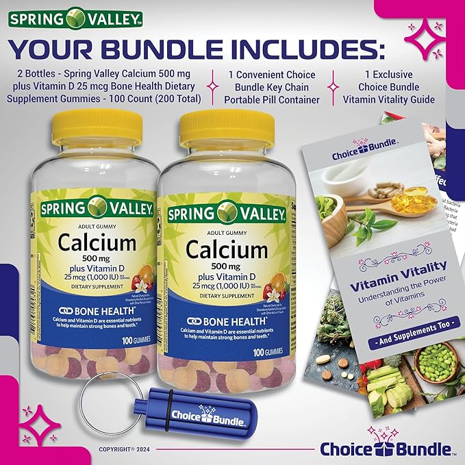Choice Bundle Spring Valley Calcium 500 mg Plus Vitamin D 25 mcg Bone Health Dietary Supplement Gummies 100 Ct 2 pk (200 Total) + Vitamin Guide and Pill Container (4 Items)!