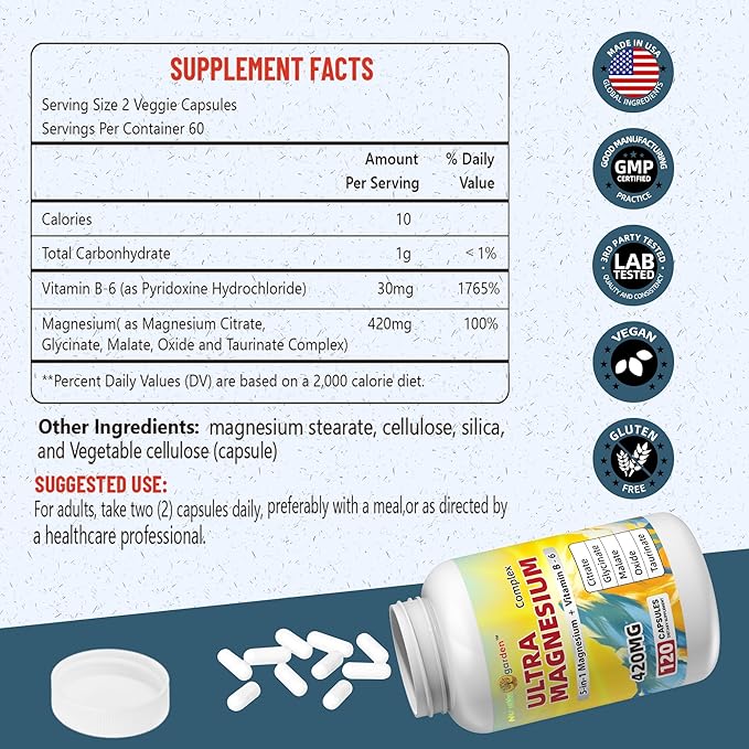 420mg Magnesium Complex + 30mg Vitamin B6 - High Absorbency &amp Gluten-Free Supports Bone Heart Joint Health &amp Sleep with Citrate Malate Glycinate Taurinate Oxide - 120 Caps