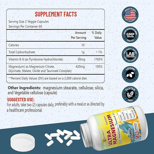 420mg Magnesium Complex + 30mg Vitamin B6 - High Absorbency &amp Gluten-Free Supports Bone Heart Joint Health &amp Sleep with Citrate Malate Glycinate Taurinate Oxide - 120 Caps