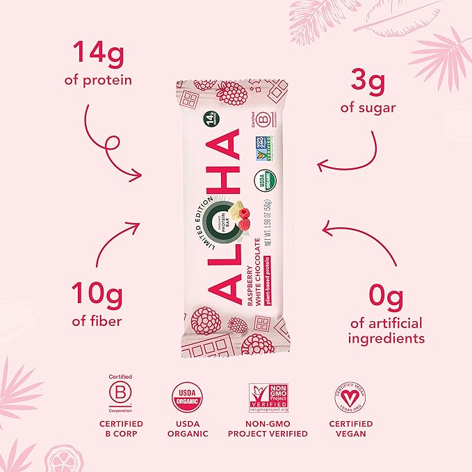 ALOHA Organic Plant Based Protein Bars | Raspberry White Chocolate | 12 Count 1.98oz Bars | Vegan Low Sugar Gluten Free Paleo Low Carb Non-GMO Stevia Free Soy Free No Sugar Alcohol Sweeteners