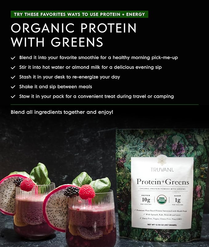 Truvani Protein + Greens Supplement | Spinach Kale &amp Broccoli | 10g Organic Plant Based Protein | 20 Servings | USDA Organic | Gluten &amp Dairy Free | Vegan | No Added Sugar
