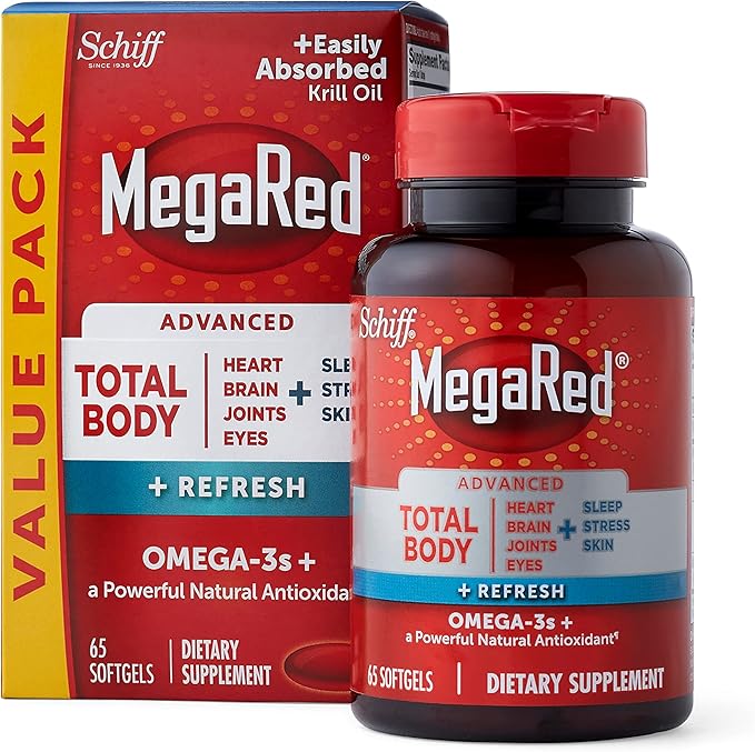 MegaRed Omega-3 Blend Total Body + Refresh 500mg Softgels (65 Count in a Bottle) Easily Absorbed Krill Oil to Support Your Heart Joints Brain &amp Eyes