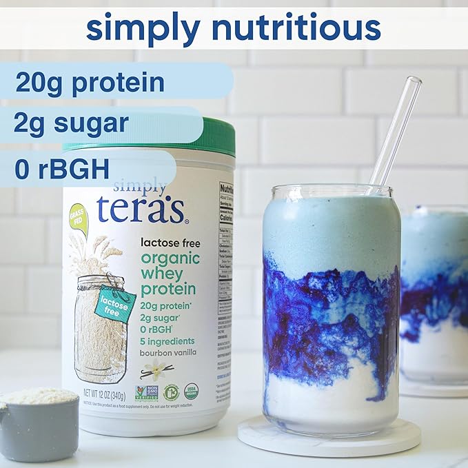 simply tera's Lactose Free Organic Whey Protein Powder - Lactose Free Vanilla 20g of Protein Per Serving Non-GMO Gluten-Free rBGH-Free Kosher - 12 Oz
