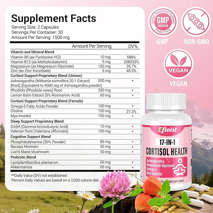 Cortisol Reducer 17-in-1 Cortisol Supplement for Women Hormone Harmony for Women with Ashwagandha Rhodiola Rosea Magnesium Glycinate