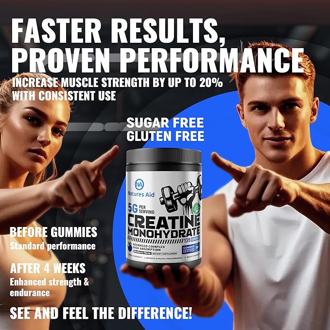 Natures Aid Creatine Monohydrate Gummies (5g) – Pre-Workout Energy &amp Muscle Growth Support for Men &amp Women | Blueberry Electrolyte Gummies (135 Count)