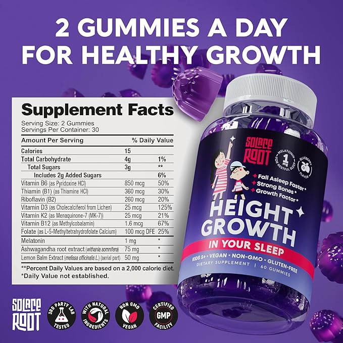 Height Growth Gummies with Melatonin for Kids &amp Teens - Ashwagandha Lemon Balm &amp Vitamins B - Sleep &amp Height Booster Multivitamin for Teen Boys &amp Girls - Grow Taller Supplement - 60 G